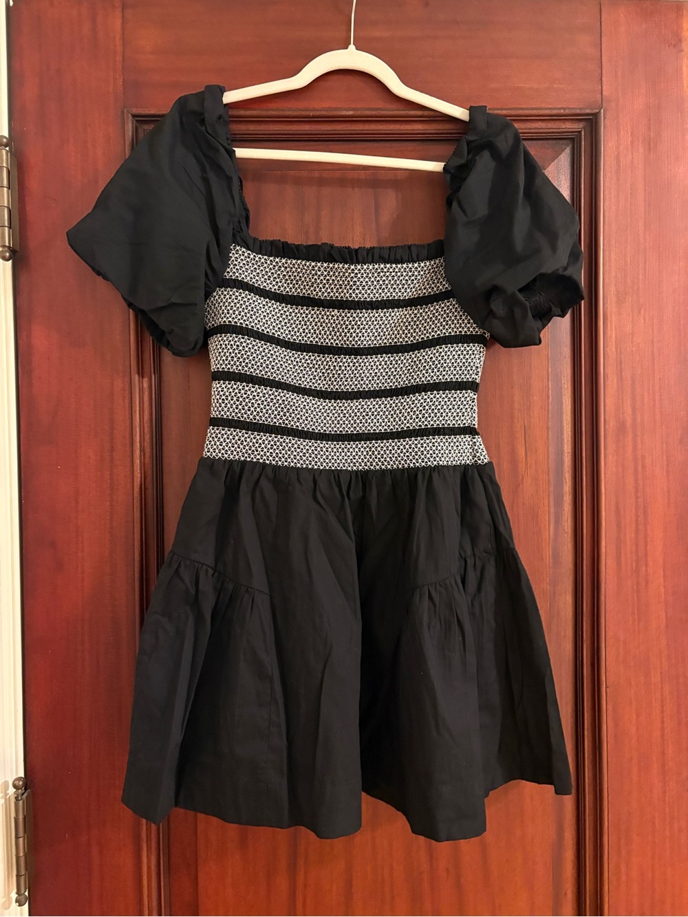 Anthropologie Black Dress with White Geometric Smocking